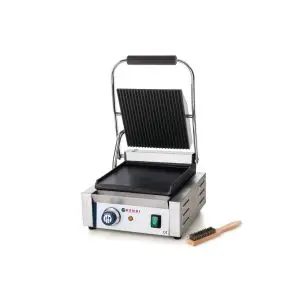 Contact grill profesional, partea superioara striata, partea inferioara neteda, 1800W, termostat 0-300 gr C, suprafata grill 22 x 23 cm, dimensiuni 29x37x(H)21 cm, Hendi