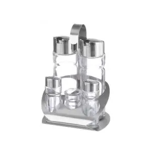 Oliviera solida / Set condimente 5 piese, Hendi, suport inox, recipiente sticla pt sare, piper, scobitori, ulei, otet
