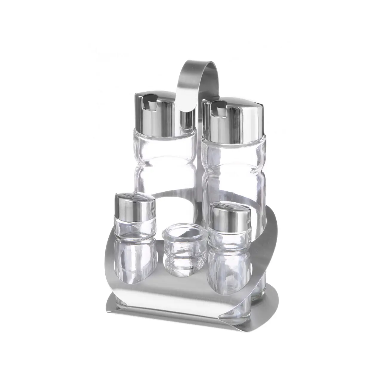Oliviera solida / Set condimente 5 piese, Hendi, suport inox, recipiente sticla pt sare, piper, scobitori, ulei, otet