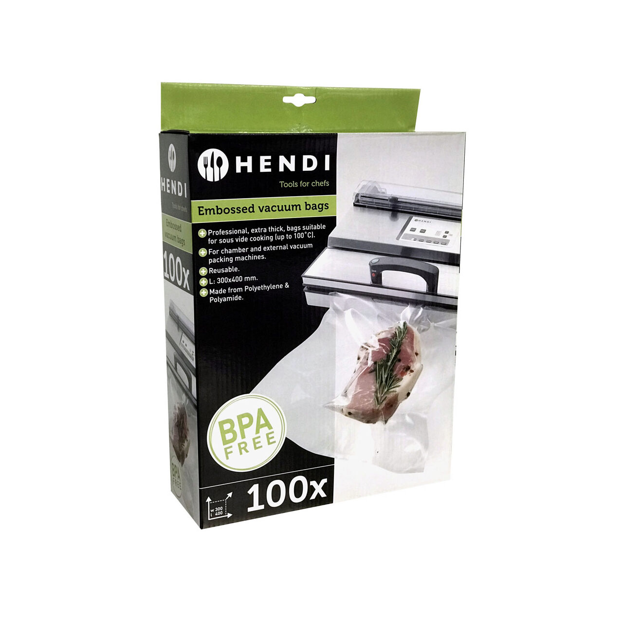 Set 100 pungi vacuum gofrate 300x400mm, 2 straturi, 75 microni grosime, Hendi, filtru UV