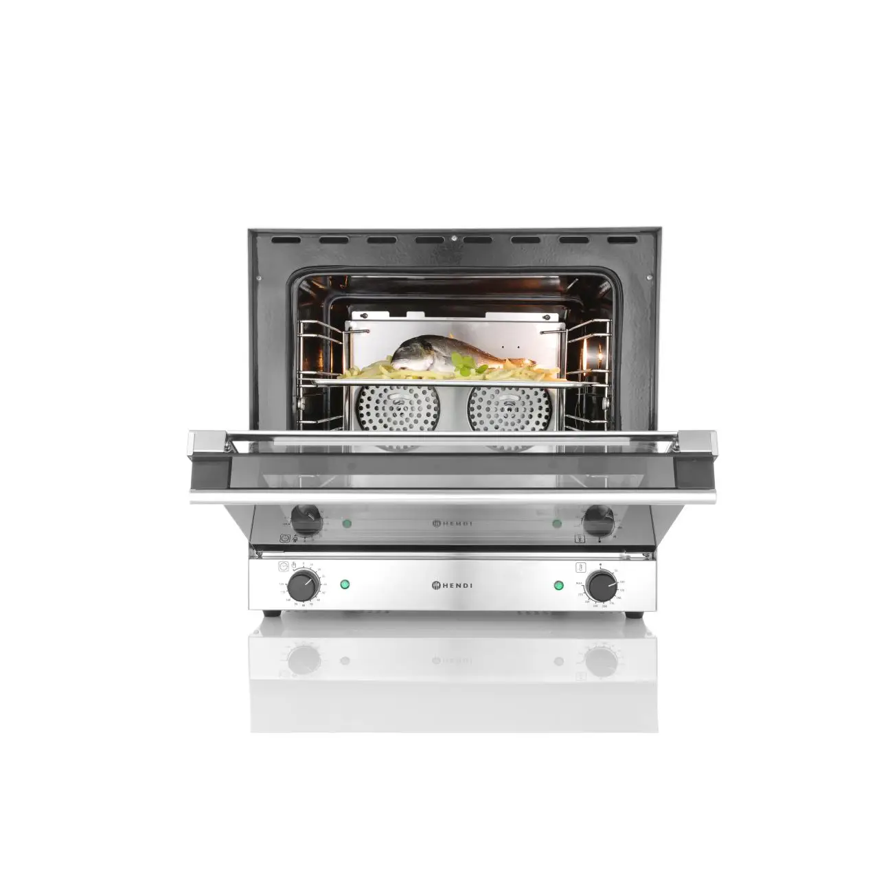 Cuptor convectie Hendi H90, 4 tavi 438x315 mm incluse, 2 elemente incalzire, 2 ventilatoare, termostat reglabil 50-300 gr C, timer 0-120 min, 2670 W, 595x595x(H)570 mm - imagine 10