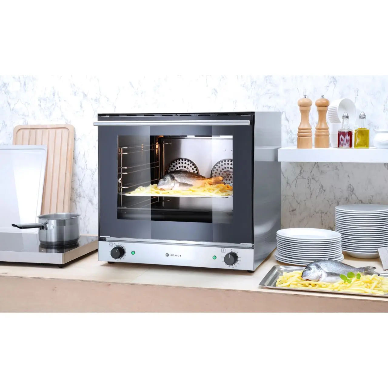 Cuptor convectie Hendi H90, 4 tavi 438x315 mm incluse, 2 elemente incalzire, 2 ventilatoare, termostat reglabil 50-300 gr C, timer 0-120 min, 2670 W, 595x595x(H)570 mm - imagine 9